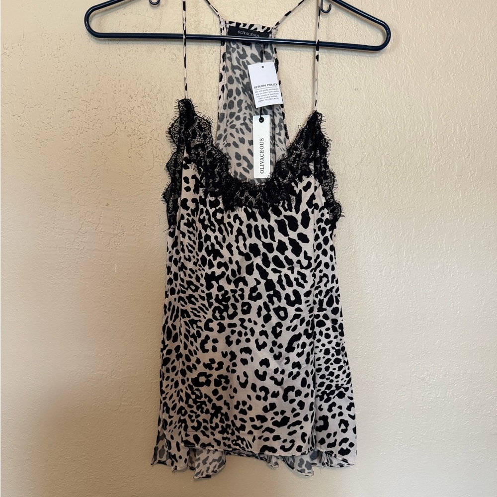 Olivaceous Animal Print Top with Black Lace